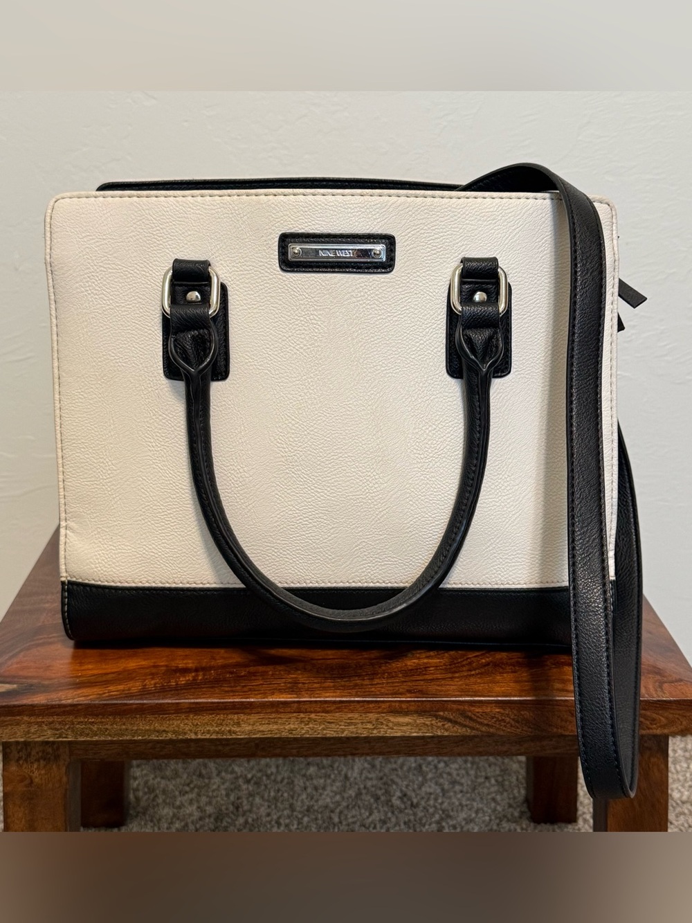 Nine West Black & Cream Structured Satchel Bag Top Handle Crossbody